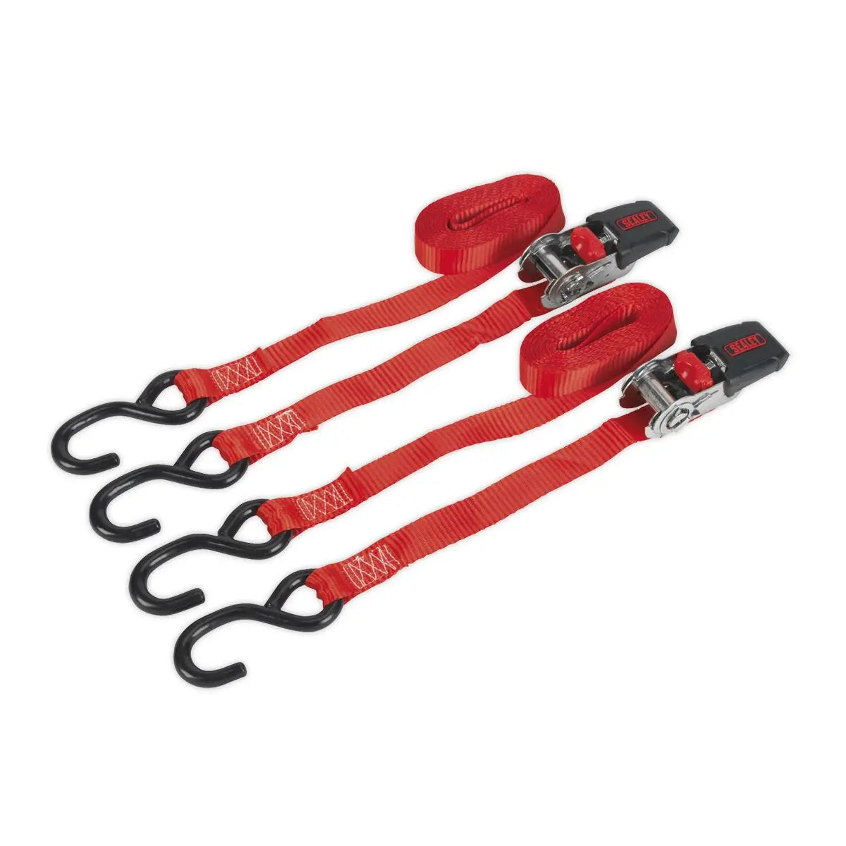 Sealey Ratchet Straps 25mm x 4m Polyester Webbing with S-Hooks 800kg Breaking Strength - Pair 