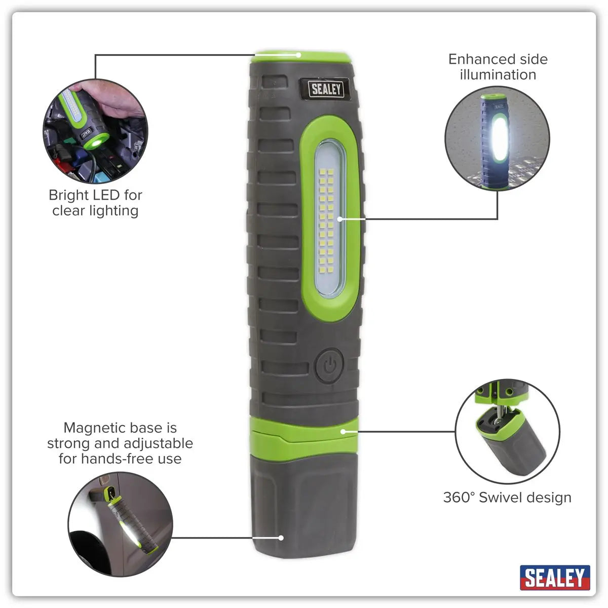 Sealey Rechargeable 360° Inspection Lamp 24 SMD LED + 3W LED Green 1000 Lumens  White Rose Tools