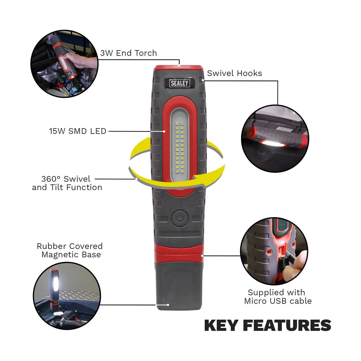 Sealey Rechargeable 360° Inspection Lamp 24 SMD LED + 3W LED Red 1000 Lumens 