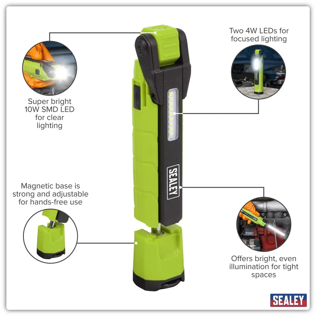 Sealey Rechargeable 360° Inspection Light 10W & 2 x 4W SMD LED Green  White Rose Tools