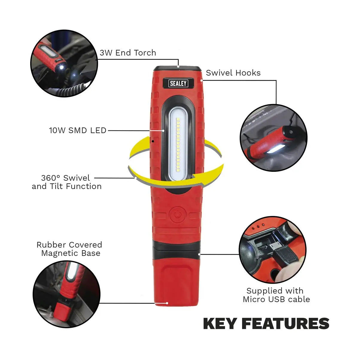 Sealey Rechargeable 360° Inspection Light 10W & 3W SMD LED Red 2 x Lithium-ion 