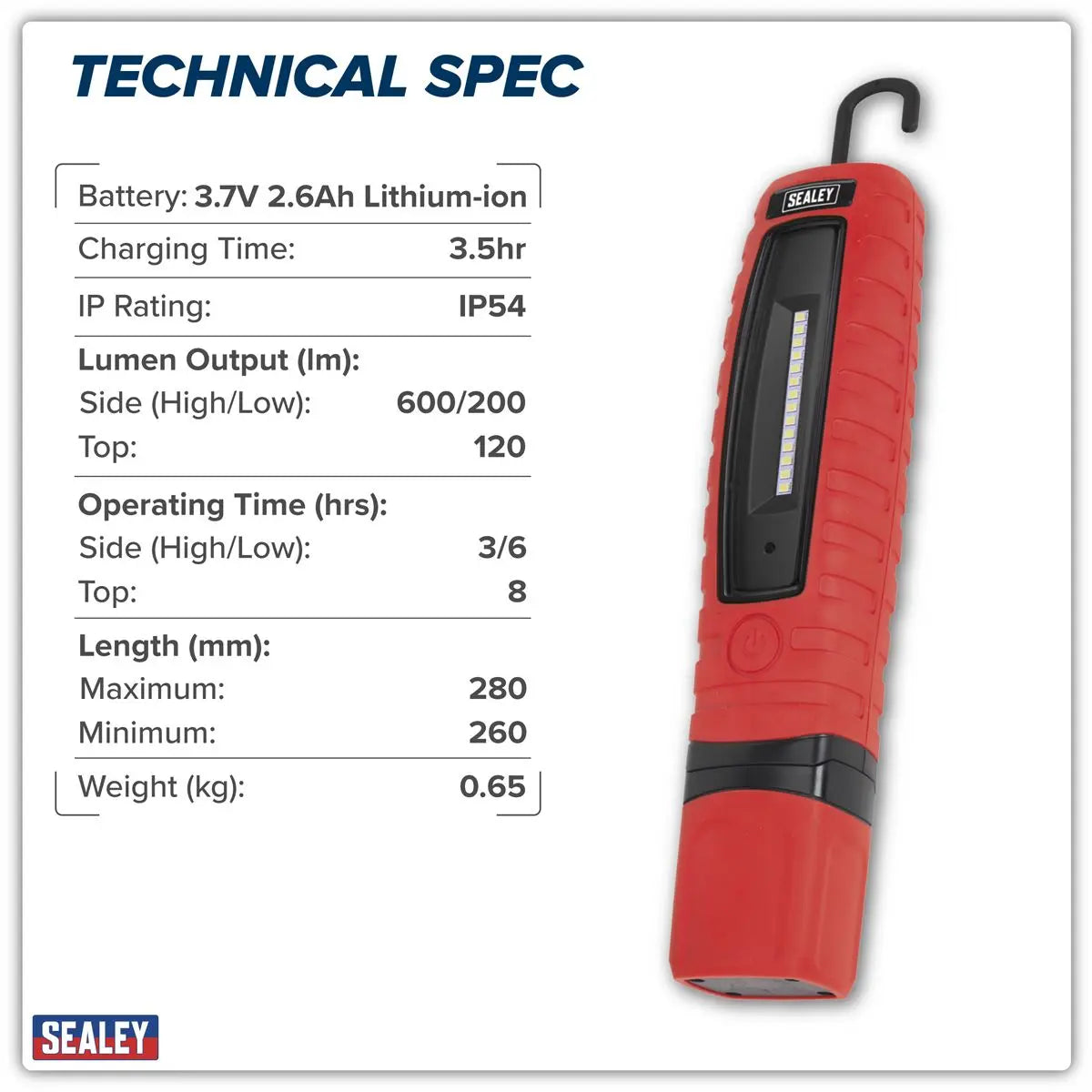 Sealey Rechargeable 360° Inspection Light 8W & 3W SMD LED Red Lithium-ion  White Rose Tools