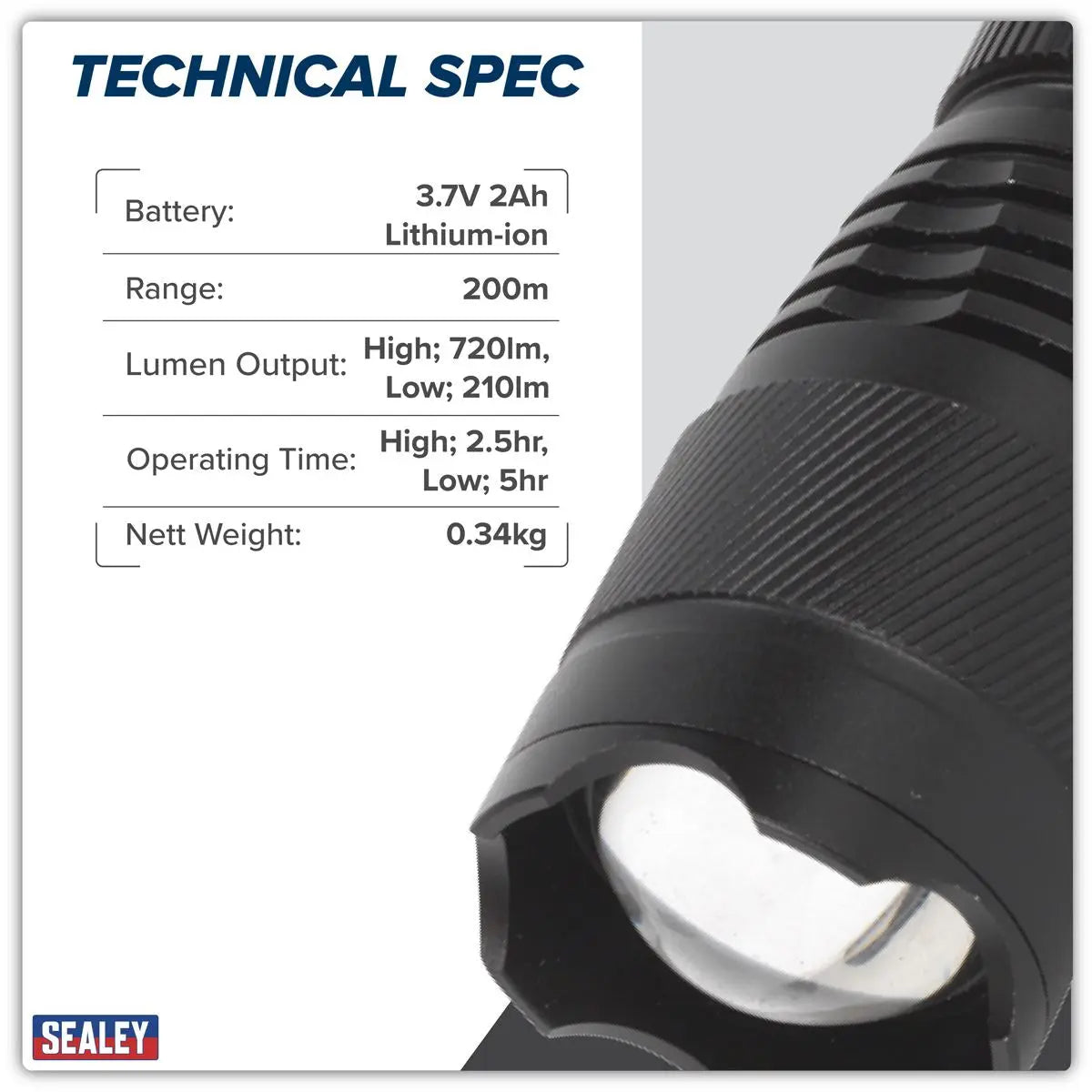 Sealey Rechargeable Aluminium Torch with Adjustable Focus 10W SMD LED  White Rose Tools