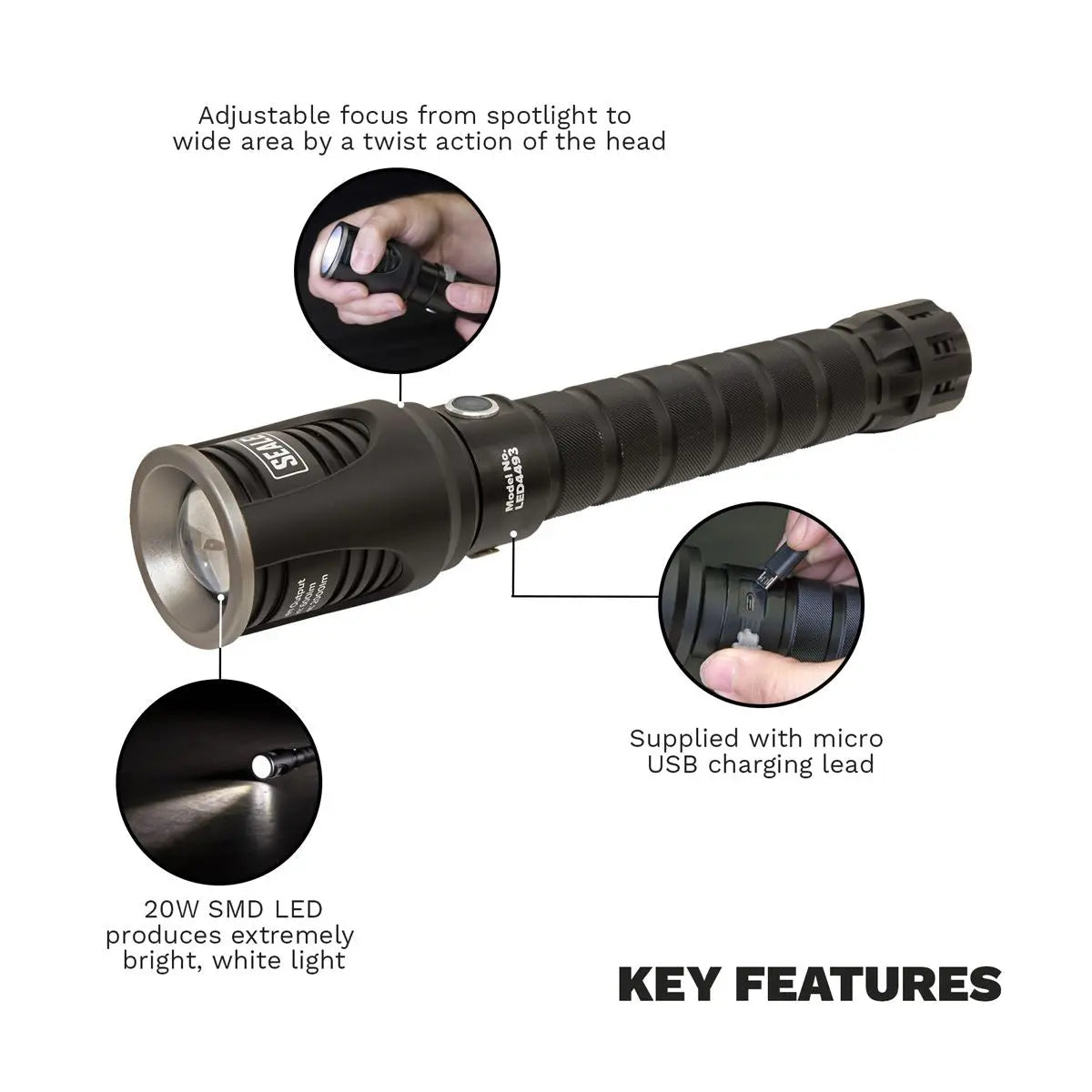 Sealey Rechargeable Aluminium Torch with Adjustable Focus 20W SMD LED  White Rose Tools