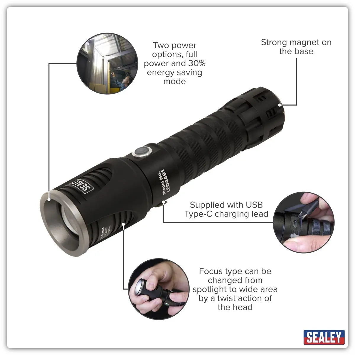 Sealey Rechargeable Aluminium Torch with Adjustable Focus 5W SMD LED  White Rose Tools