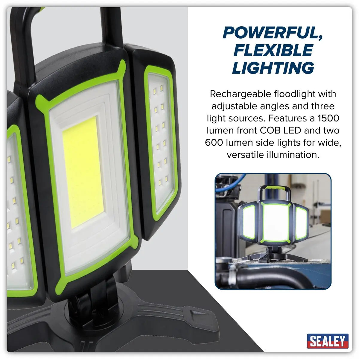 Sealey Rechargeable Flexible Floodlight 18W COB & 9W SMD LED  White Rose Tools