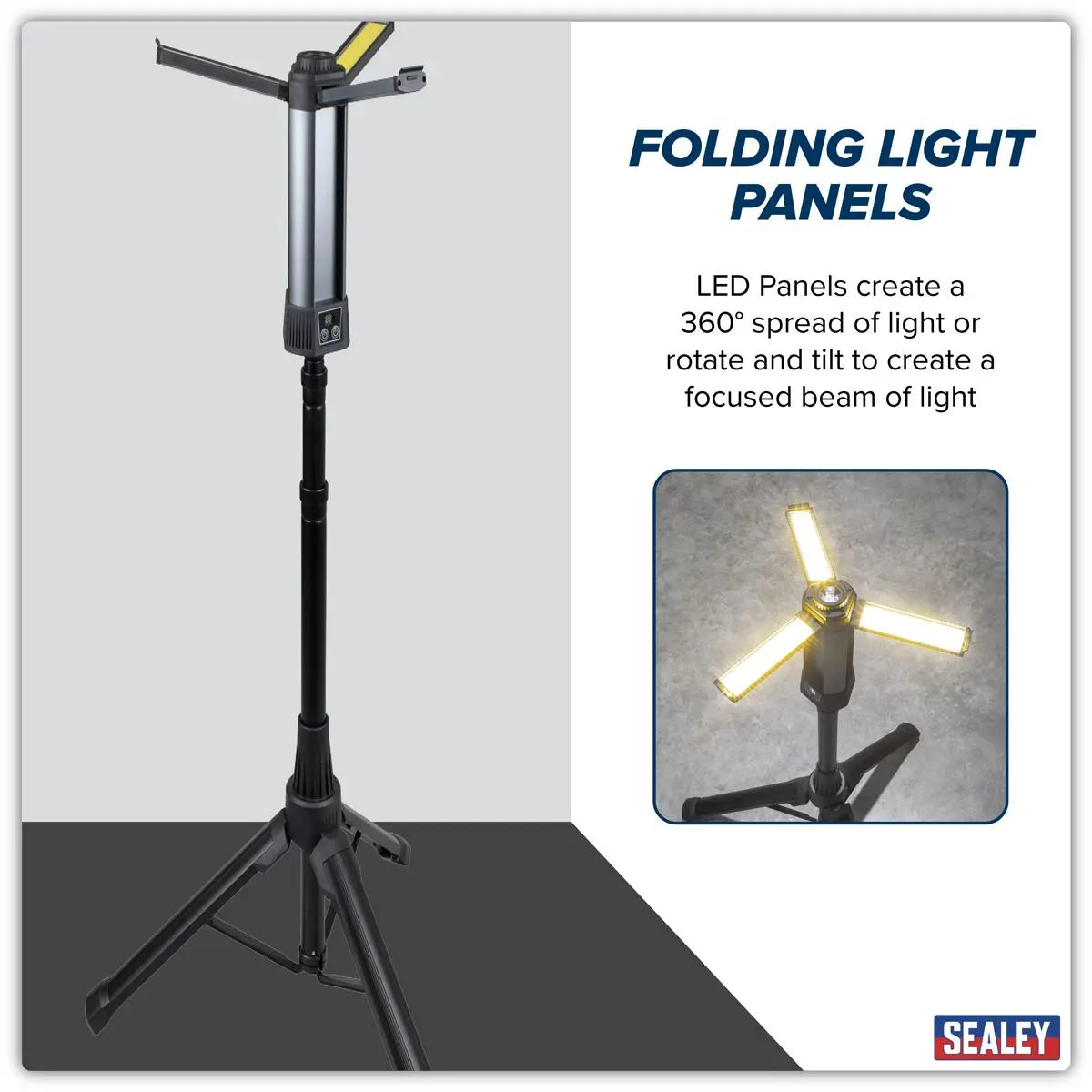 Sealey Rechargeable Flexible Floodlight with Tripod 24W COB LED & 5W SMD LED  White Rose Tools