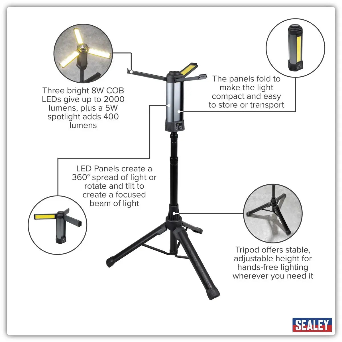 Sealey Rechargeable Flexible Floodlight with Tripod 24W COB LED & 5W SMD LED  White Rose Tools