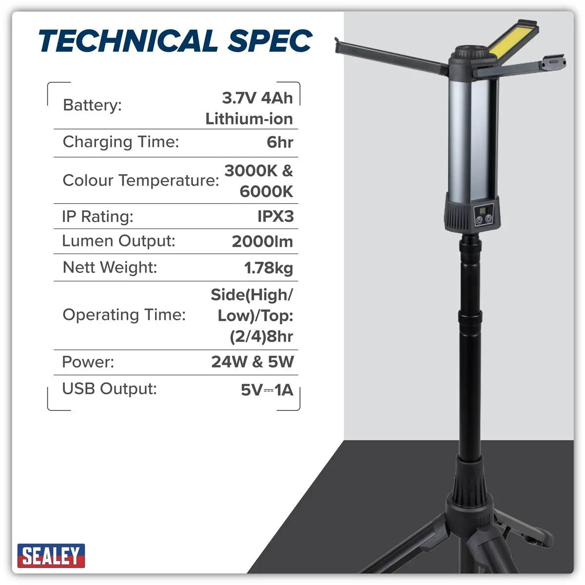 Sealey Rechargeable Flexible Floodlight with Tripod 24W COB LED & 5W SMD LED  White Rose Tools