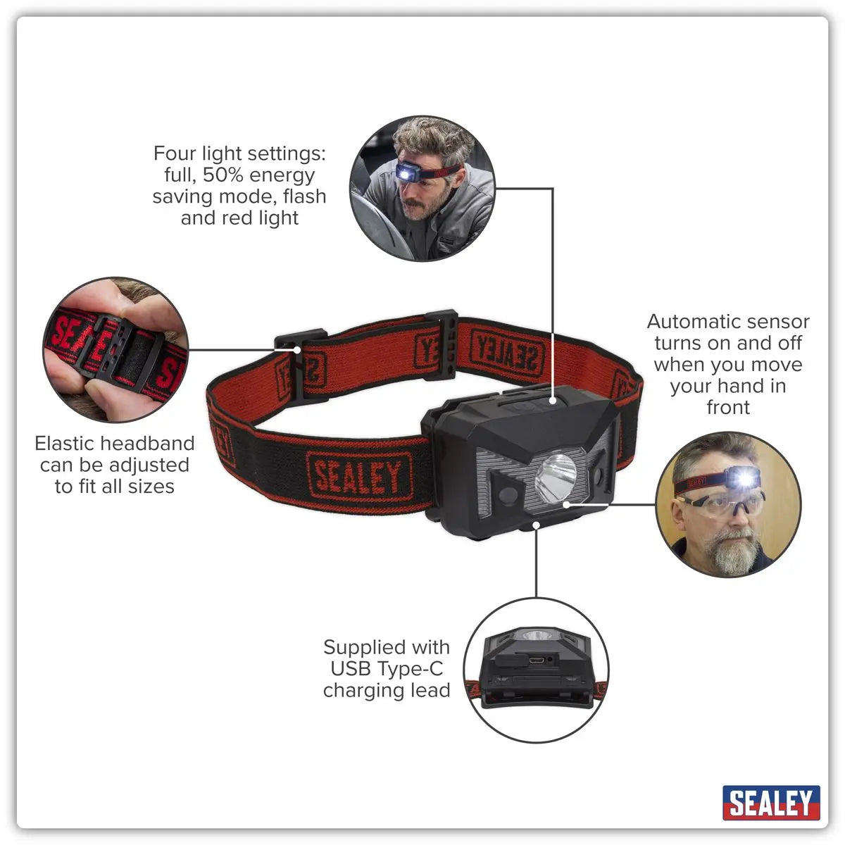 Sealey Rechargeable Head Torch with Auto-Sensor 3W SMD LED  White Rose Tools