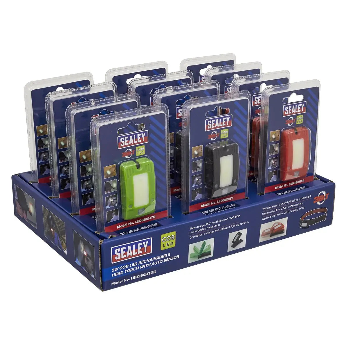 Sealey Rechargeable Head Torches Auto-Sensor Black 2W COB LED Display Box of 12 