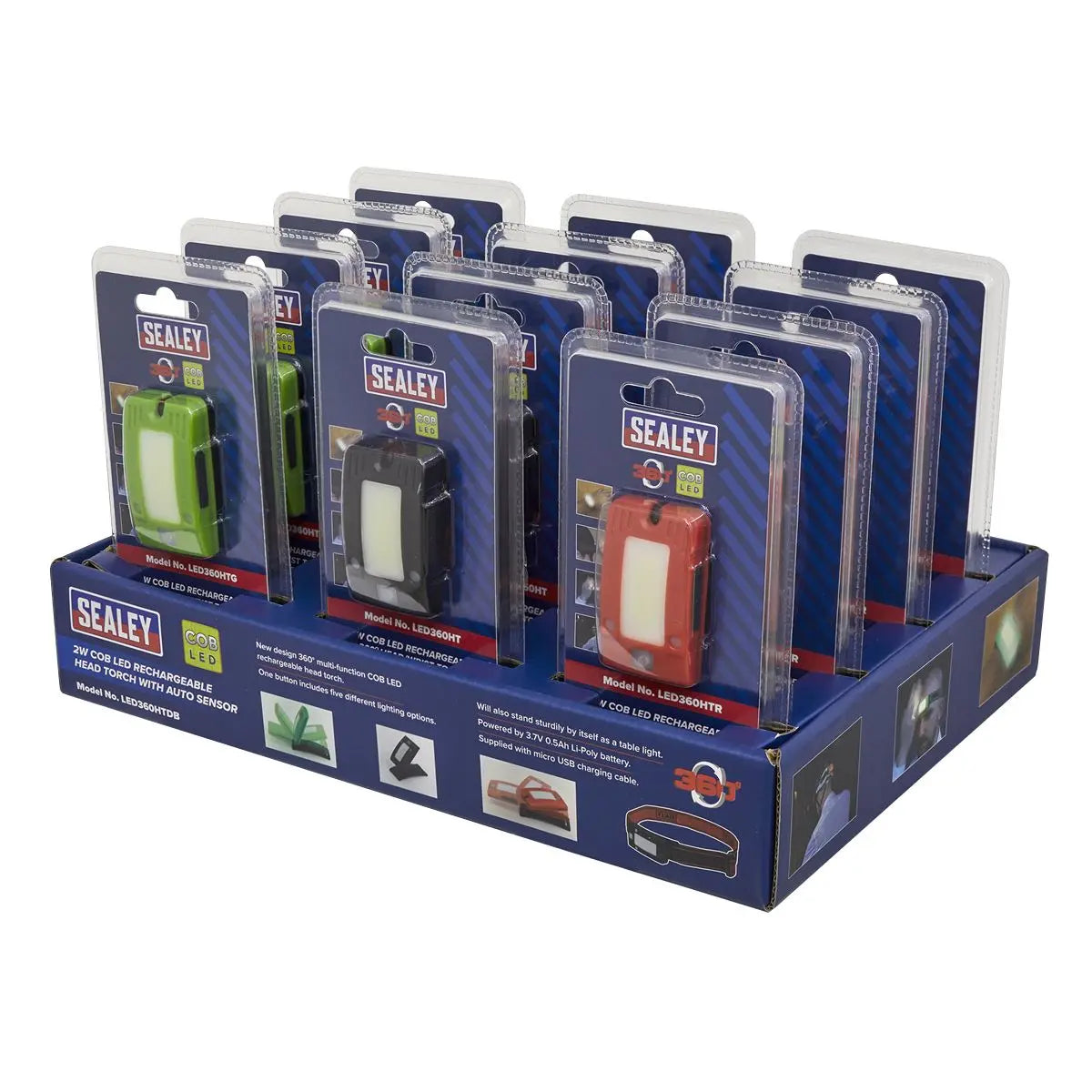 Sealey Rechargeable Head Torches Auto-Sensor Black 2W COB LED Display Box of 12 