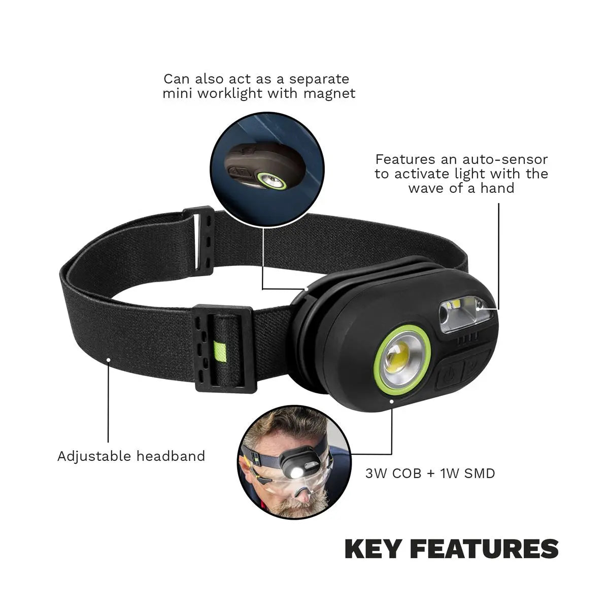 Sealey Rechargeable Headlight with Auto-Sensor 3W COB & 1W SMD LED 