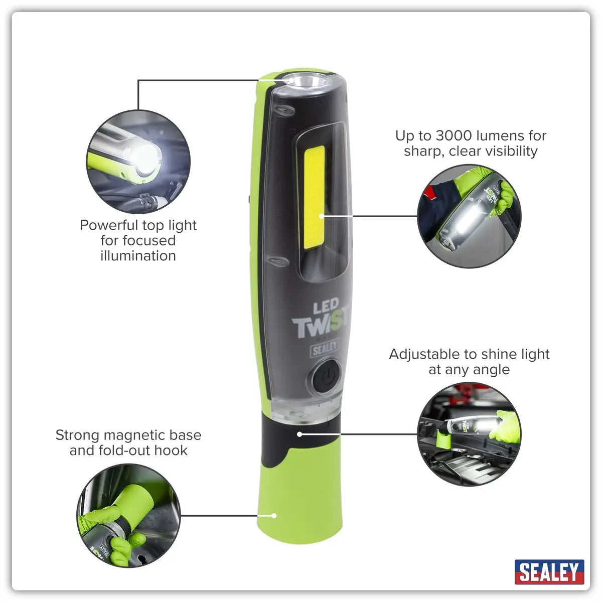 Sealey Rechargeable LED Twist® Inspection Light 20W COB + 3W SMD, 3000lm, Magnetic Base & Power Bank  White Rose Tools
