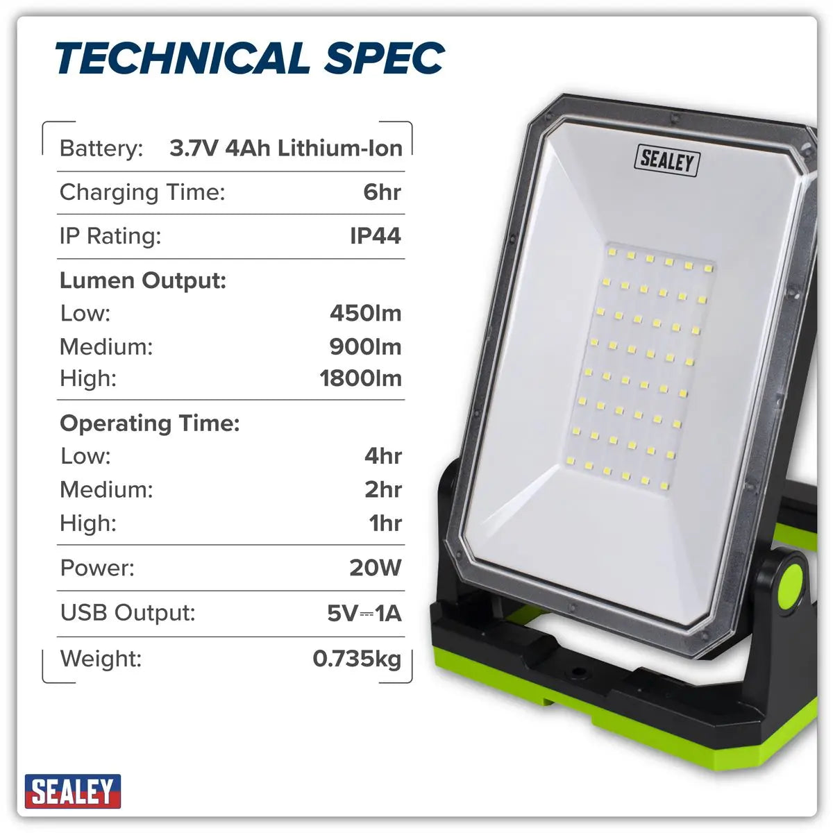 Sealey Rechargeable Portable Floodlight & Power Bank 20W SMD LED  White Rose Tools