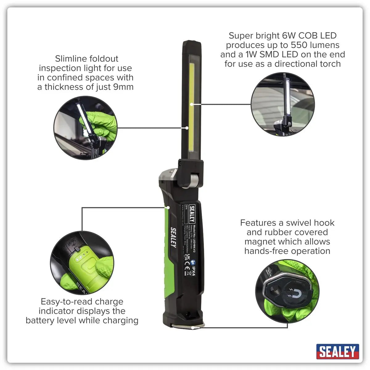 Sealey Rechargeable Slim Folding Inspection Light 6W COB LED & 1W SMD LED Lithium-ion  White Rose Tools