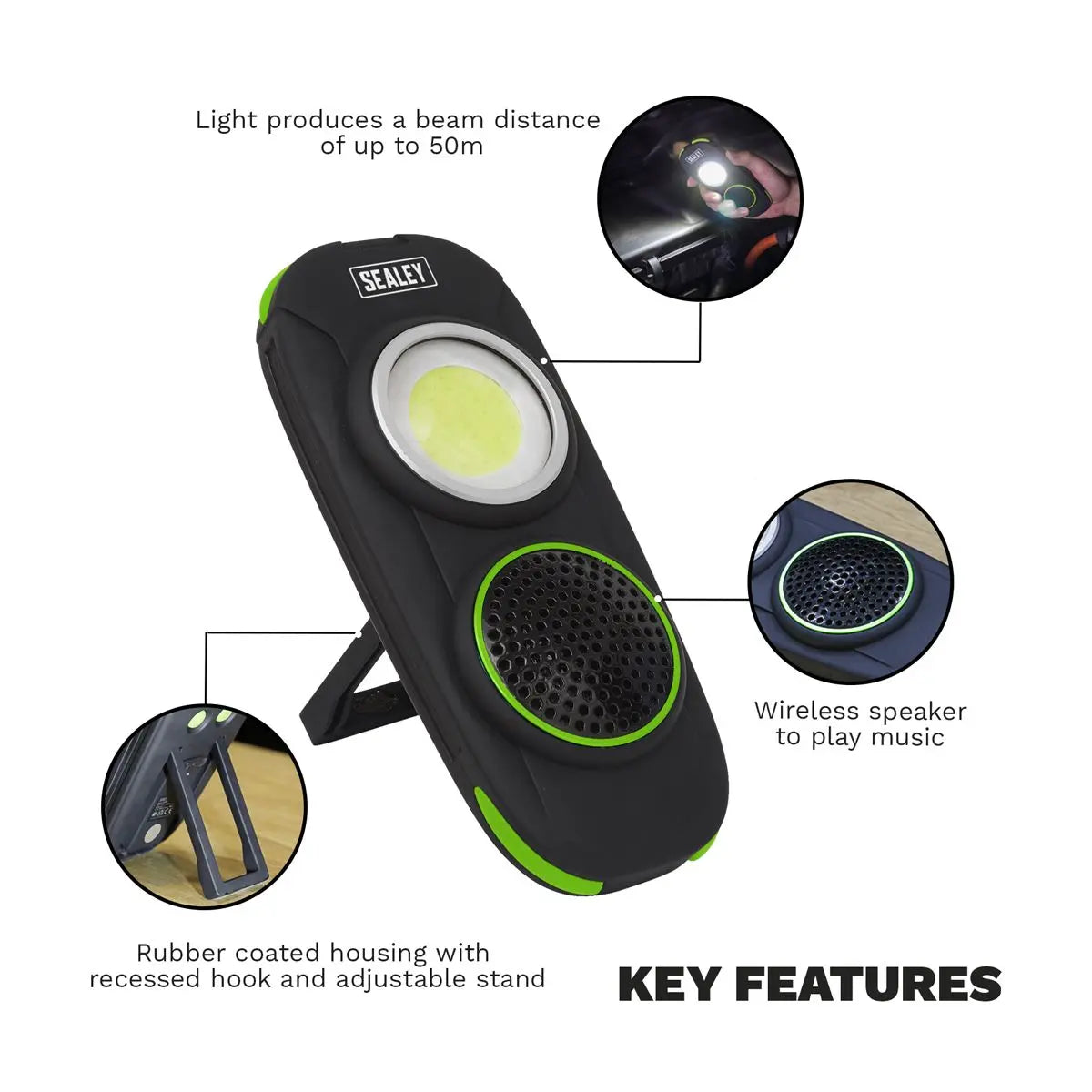 Sealey Rechargeable Torch with Wireless Speaker 10W COB LED 500 Lumens 