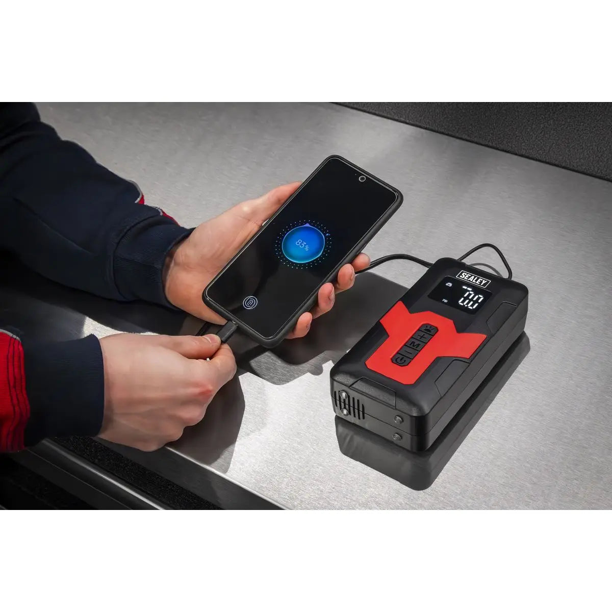 Sealey Rechargeable Tyre Inflator & Power Bank with Worklight 12V  White Rose Tools