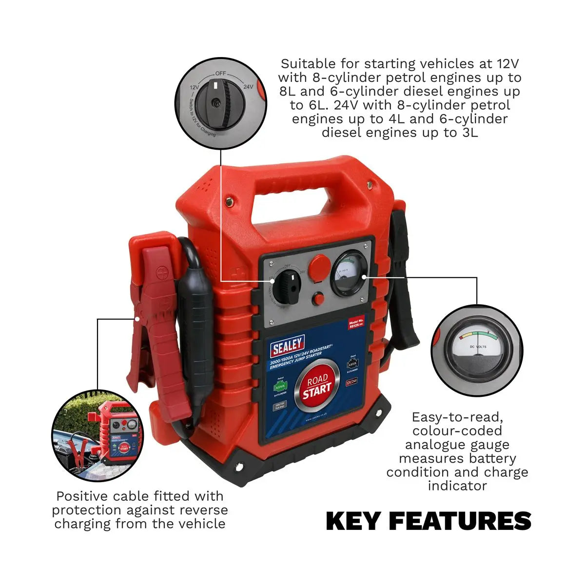 Sealey RoadStart® Emergency Jump Starter 12/24V 3000/1500 Peak Amps 