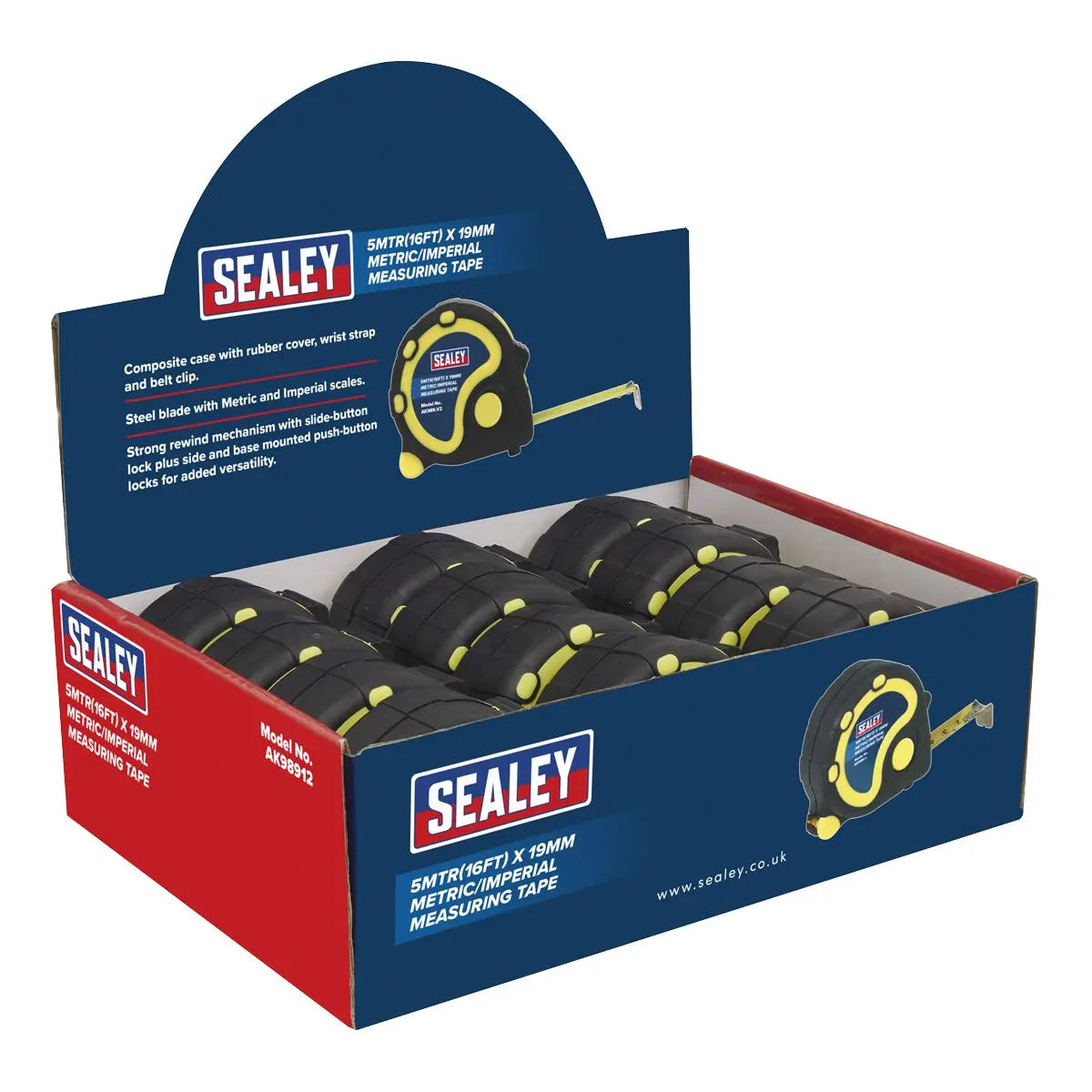 Sealey Rubber Tape Measure 5m(16ft) x 19mm Metric/Imperial Display Box of 12 