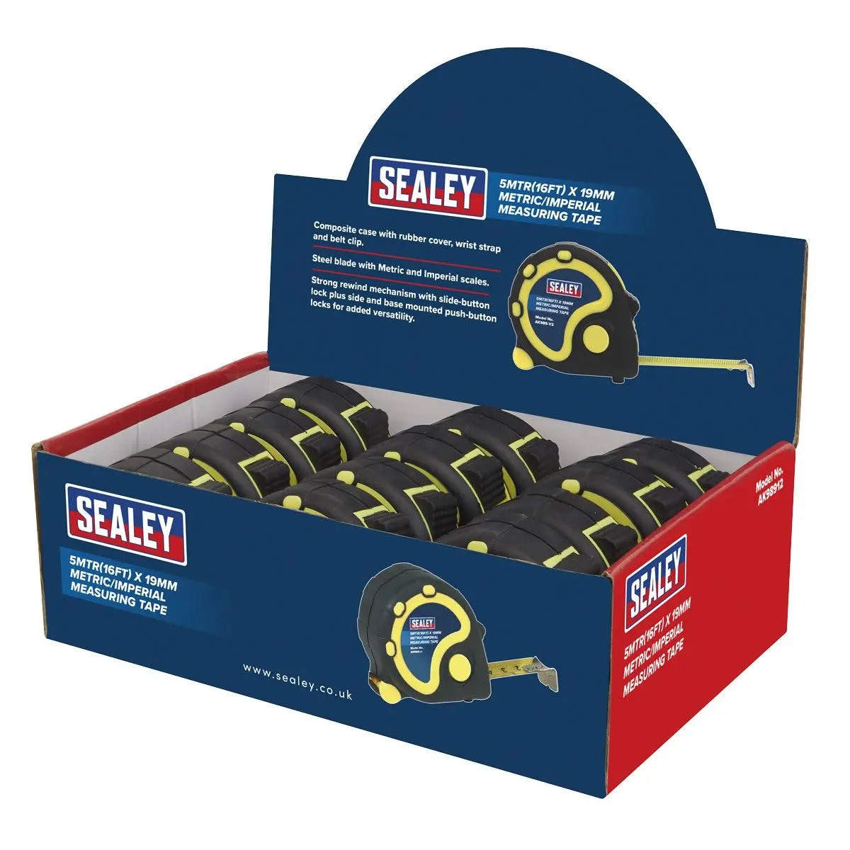 Sealey Rubber Tape Measure 5m(16ft) x 19mm Metric/Imperial Display Box of 12 