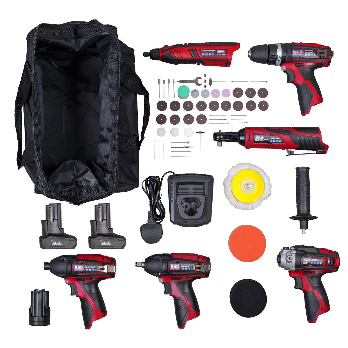 Sealey SV12 Series 6 x 12V Cordless Power Tool Kit - 3 Batteries 