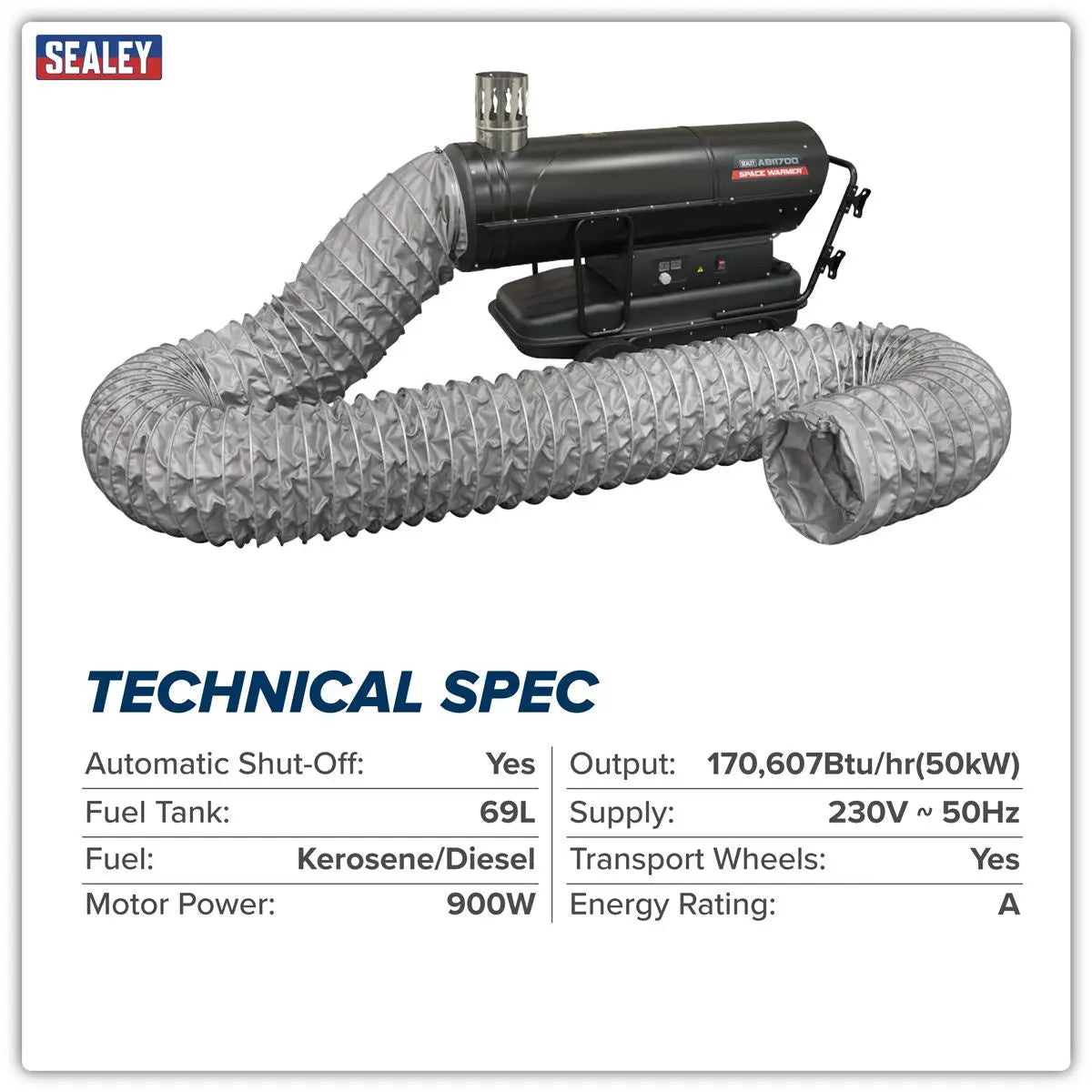 Sealey Space Warmer® Indirect Kerosene/Diesel Heater 170,000Btu/hr with 5M Ducting  White Rose Tools