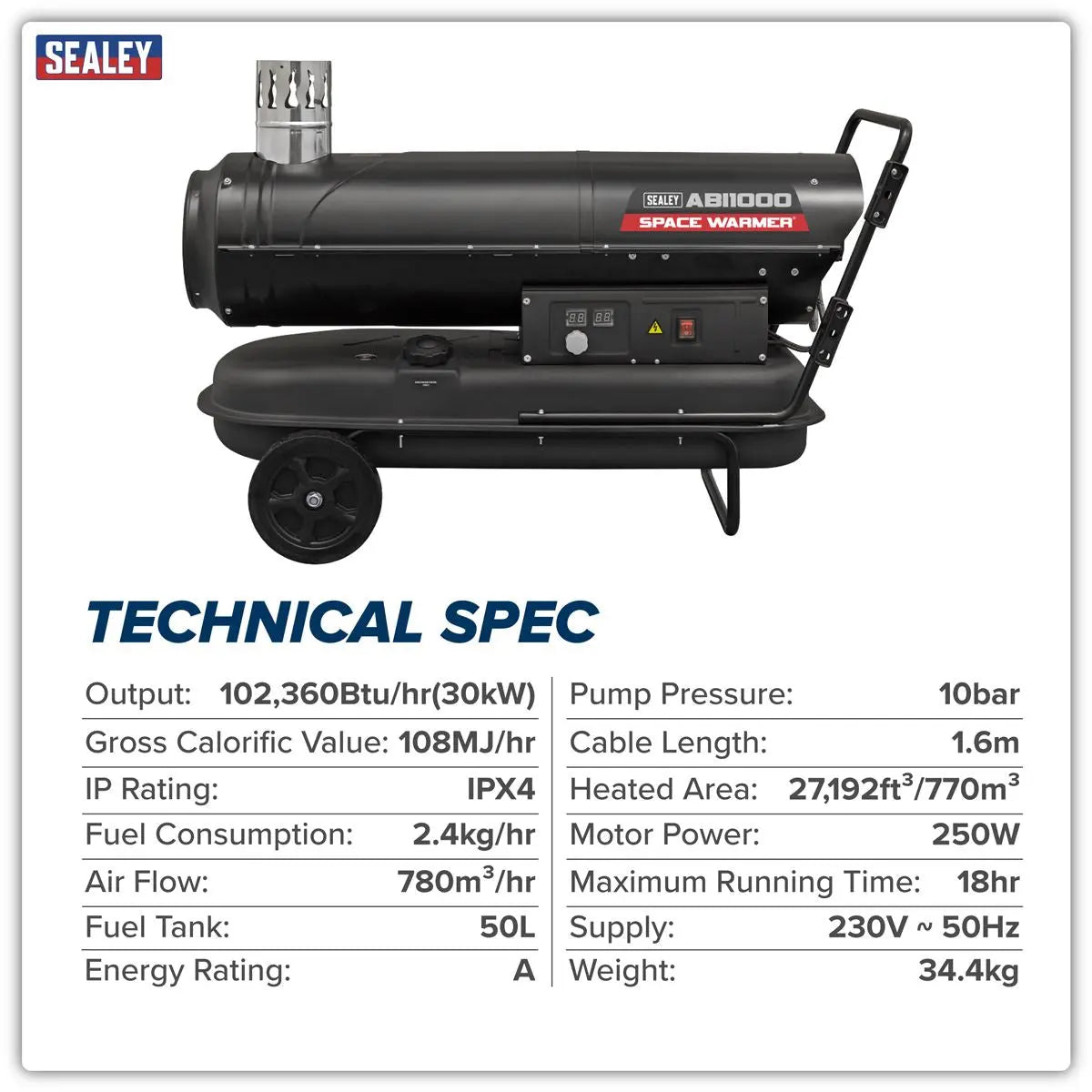 Sealey Space Warmer® Indirect Kerosene/Diesel Heater with Wheels 102,000Btu/hr  White Rose Tools