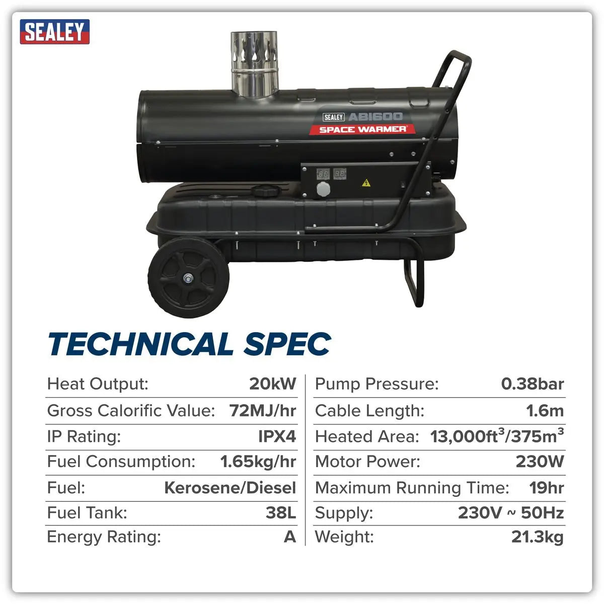 Sealey Space Warmer® Indirect Kerosene/Diesel Heater with Wheels 68,000Btu/hr  White Rose Tools