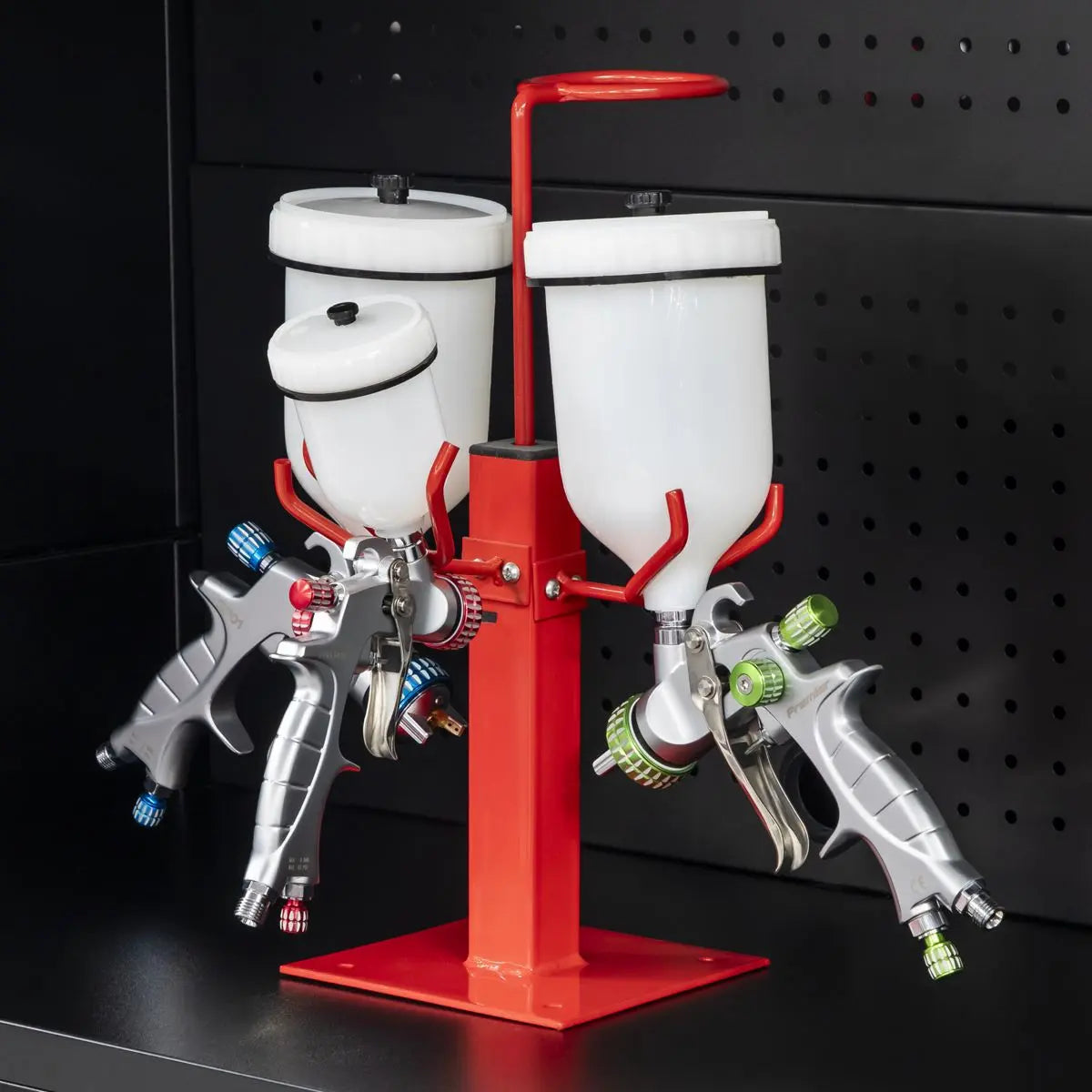 Sealey Spray Gun Holder Stand Heavy Duty 3 Gravity Feed Filter Ring Body Shop 