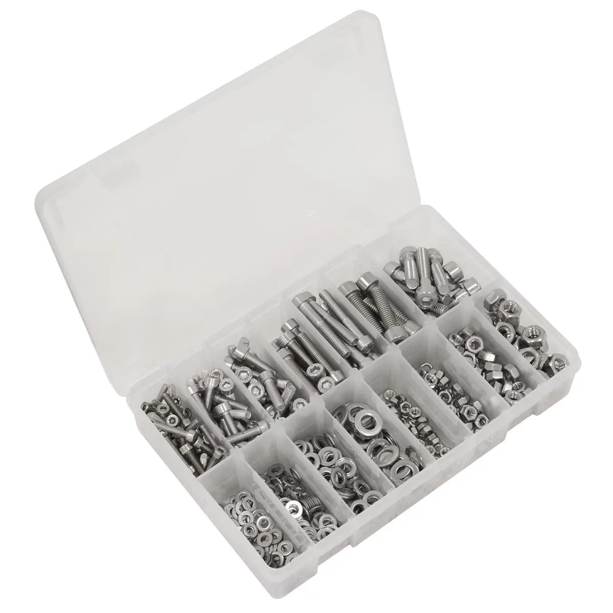 Sealey Stainless Steel Hex Socket Bolt, Washer & Nut Assortment 710pcs  White Rose Tools