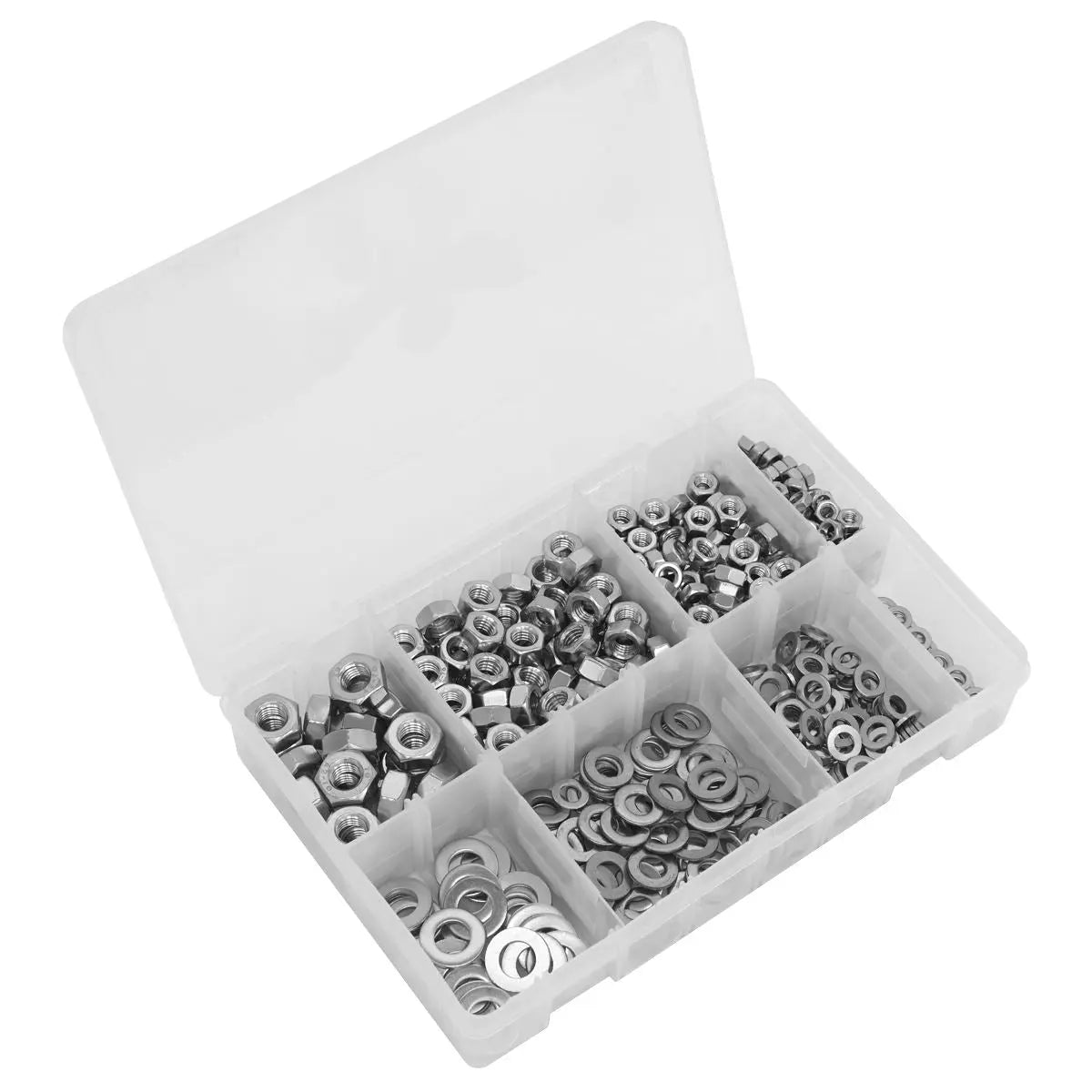 Sealey Stainless Steel Nut and Washer Assortment 500pc M5-M10  White Rose Tools
