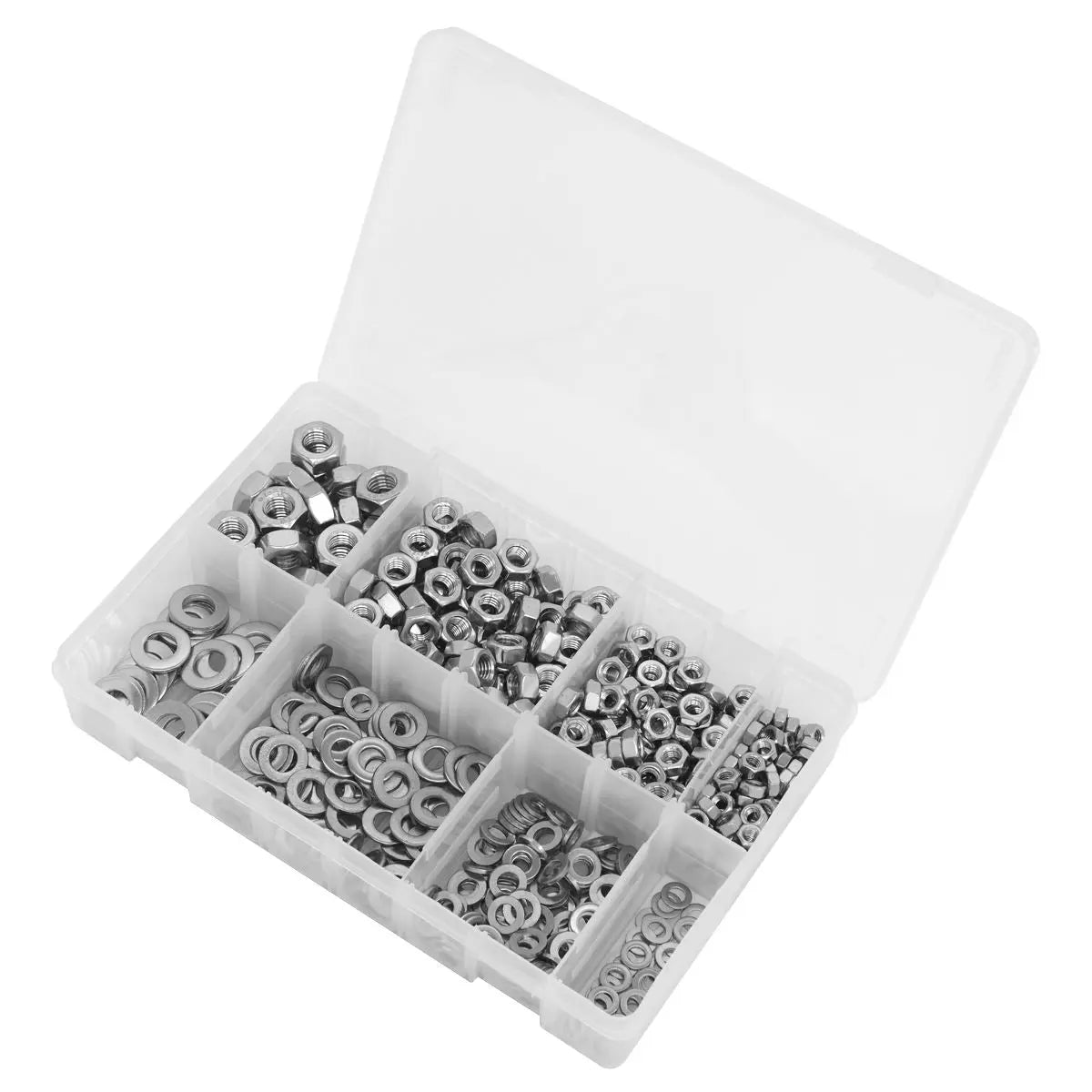 Sealey Stainless Steel Nut and Washer Assortment 500pc M5-M10  White Rose Tools