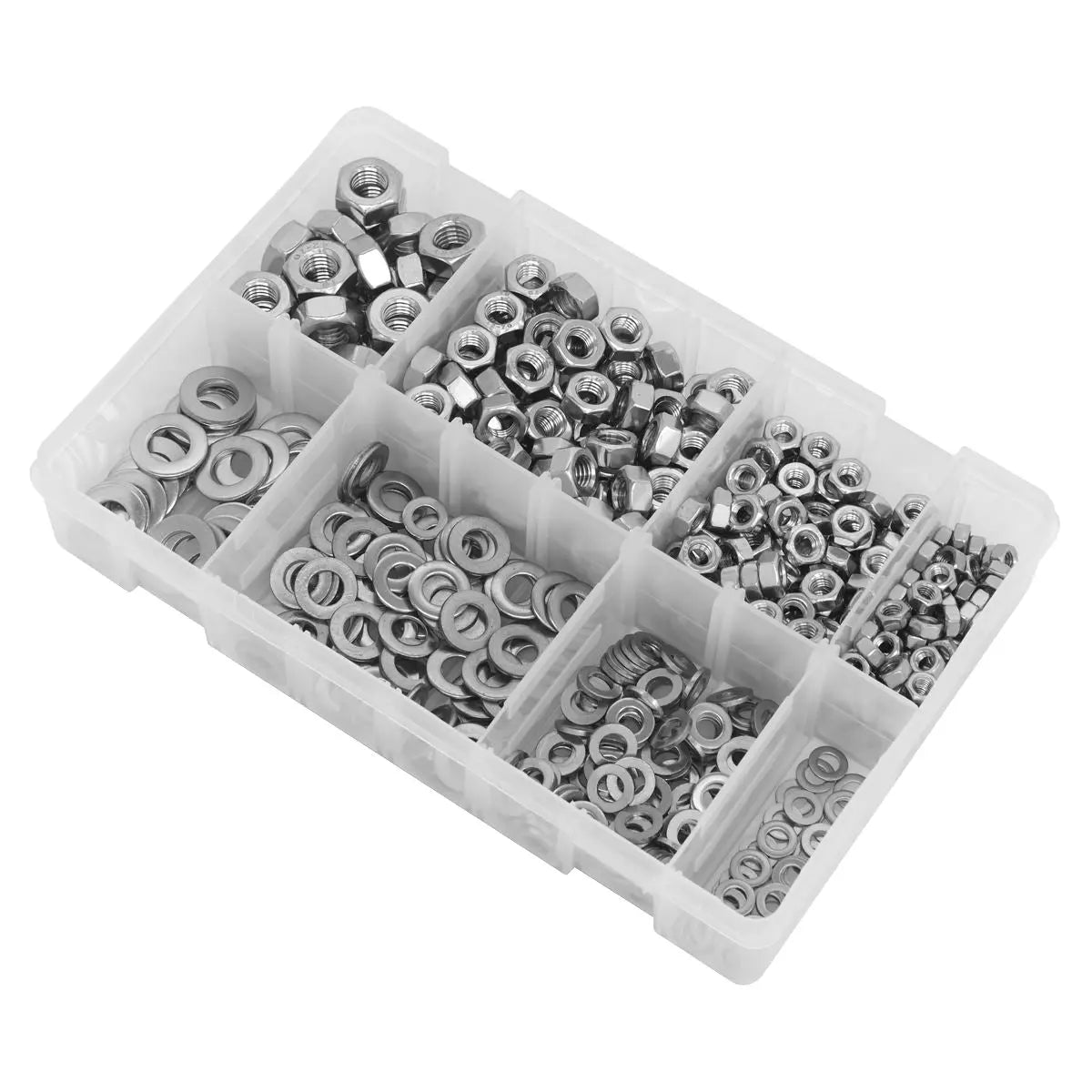 Sealey Stainless Steel Nut and Washer Assortment 500pc M5-M10  White Rose Tools