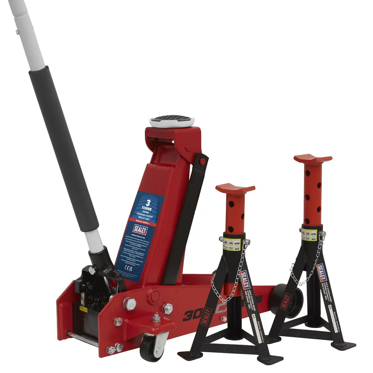 Sealey Standard Chassis Trolley Jack 3 Tonne with Axle Stands (Pair) 3 Tonne Capacity per Stand 