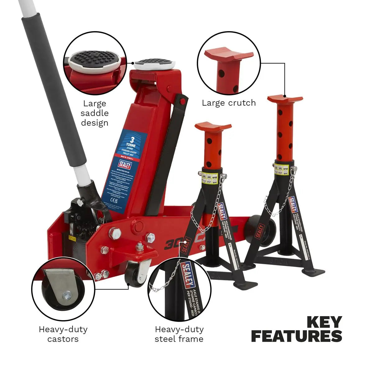 Sealey Standard Chassis Trolley Jack 3 Tonne with Axle Stands (Pair) 3 Tonne Capacity per Stand 