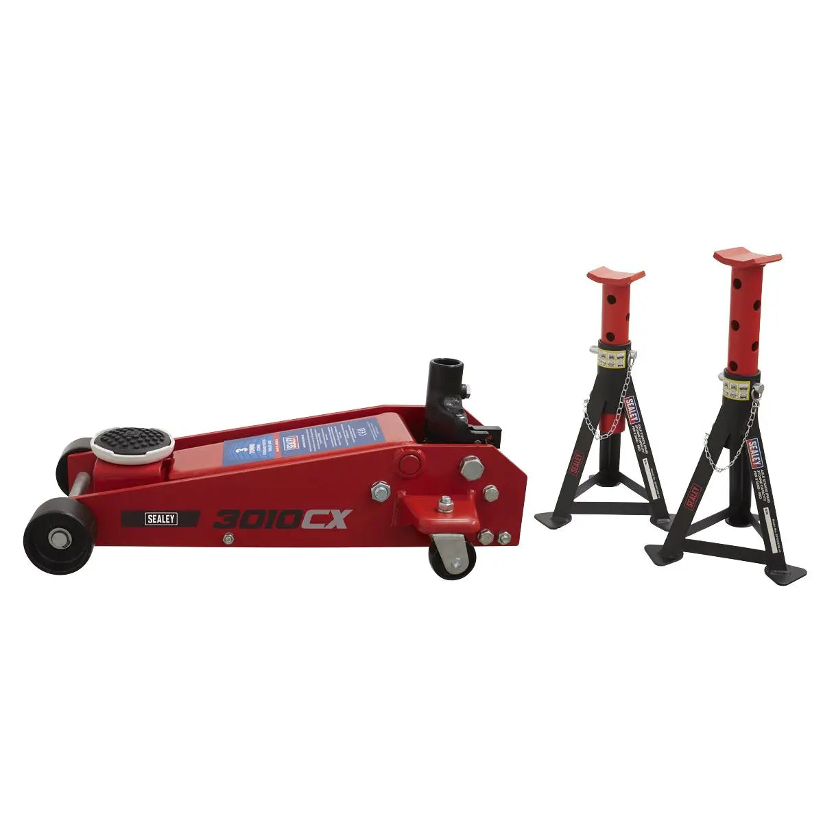 Sealey Standard Chassis Trolley Jack 3 Tonne with Axle Stands (Pair) 3 Tonne Capacity per Stand 