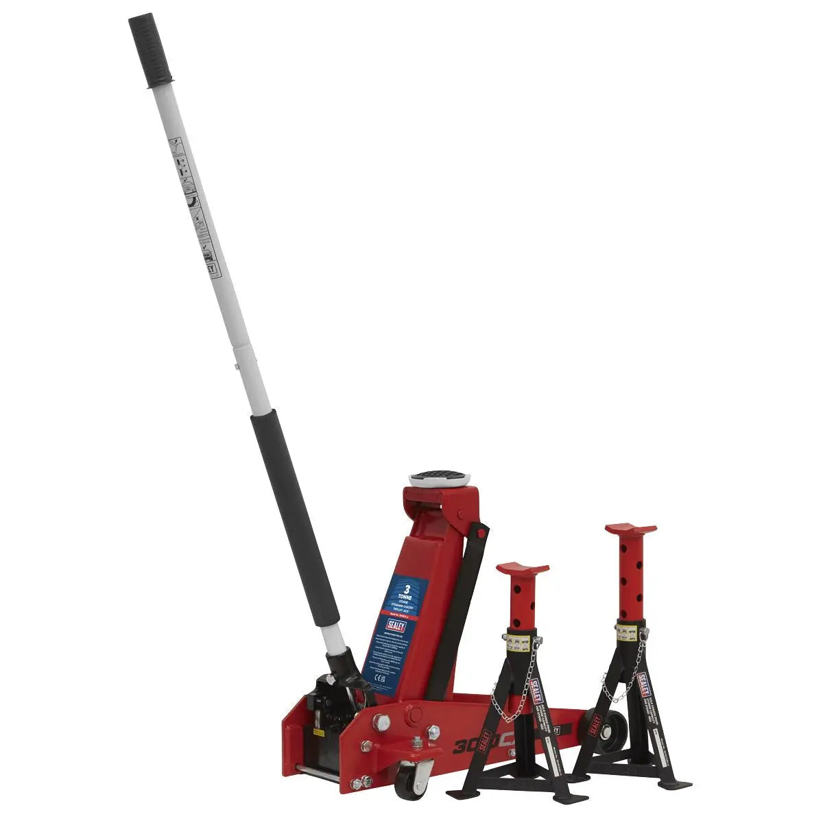 Sealey Standard Chassis Trolley Jack 3 Tonne with Axle Stands (Pair) 3 Tonne Capacity per Stand 