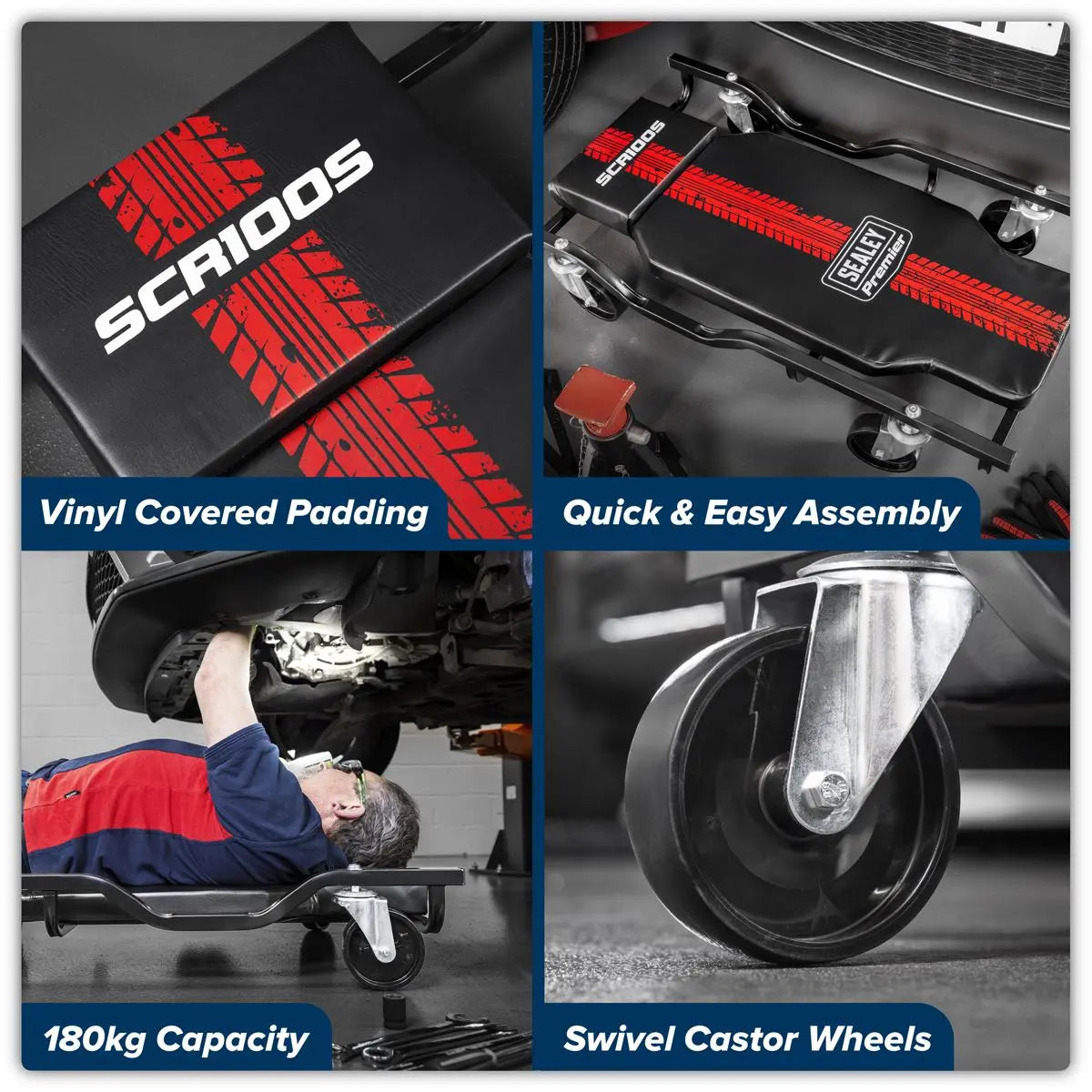 Sealey Steel Creeper with 4 Rough Ground Wheels  White Rose Tools