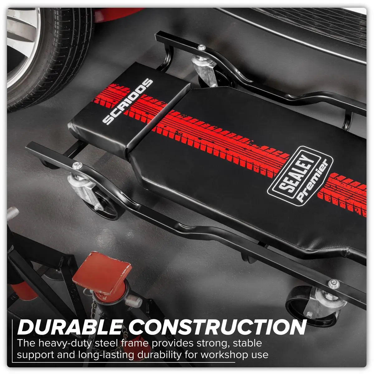 Sealey Steel Creeper with 4 Rough Ground Wheels  White Rose Tools