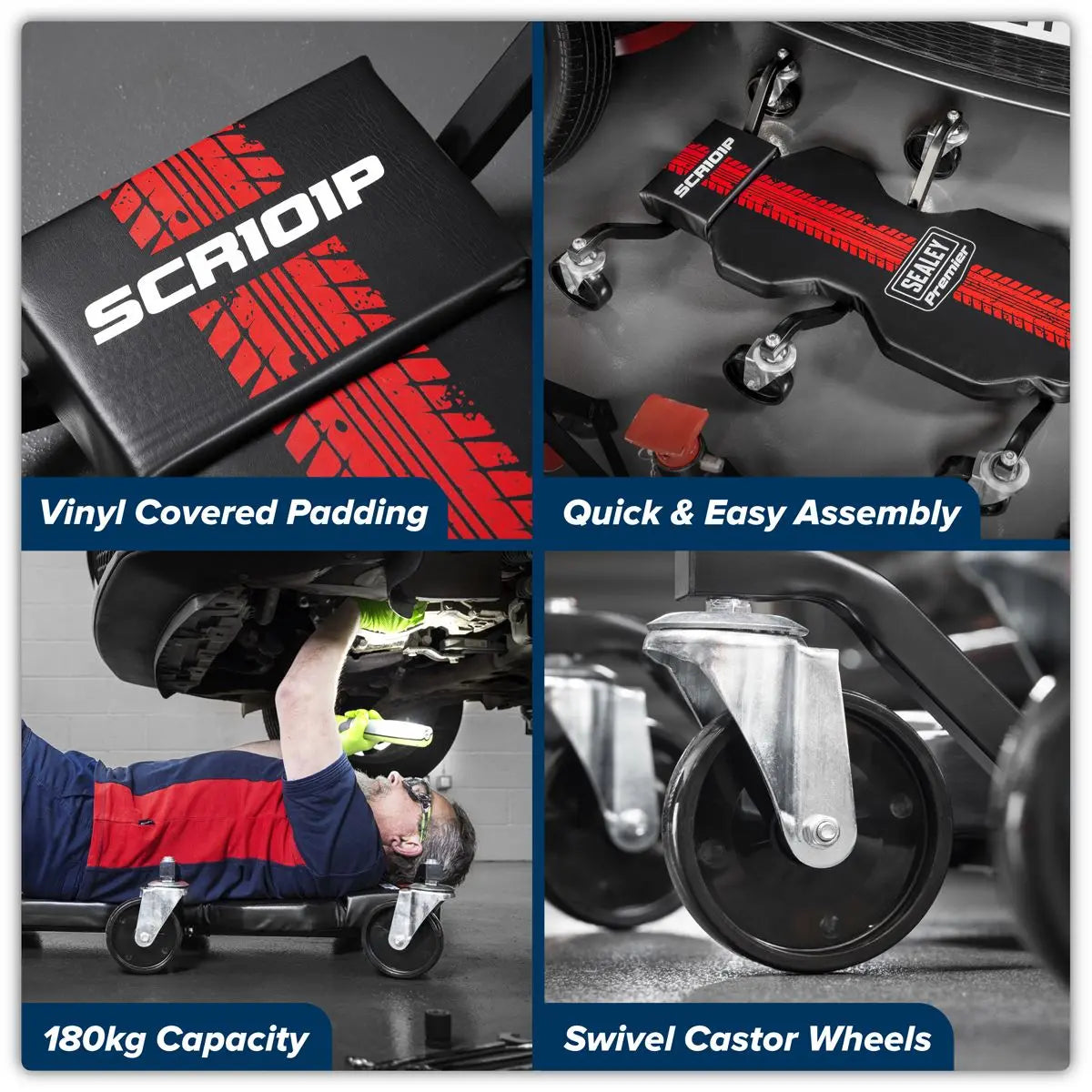 Sealey Steel Creeper with 6 Rough Ground 5" Wheels & Headrest  White Rose Tools