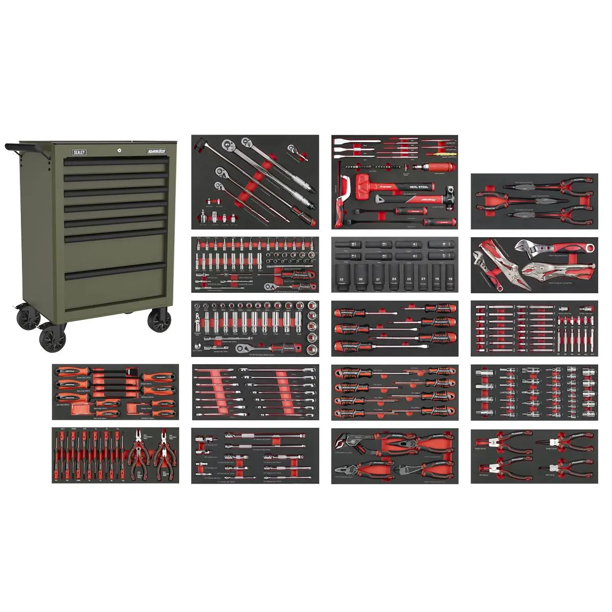 Sealey Superline PRO® Roll Cab 7 Drawer with 305pc Tool Kit - Khaki  White Rose Tools