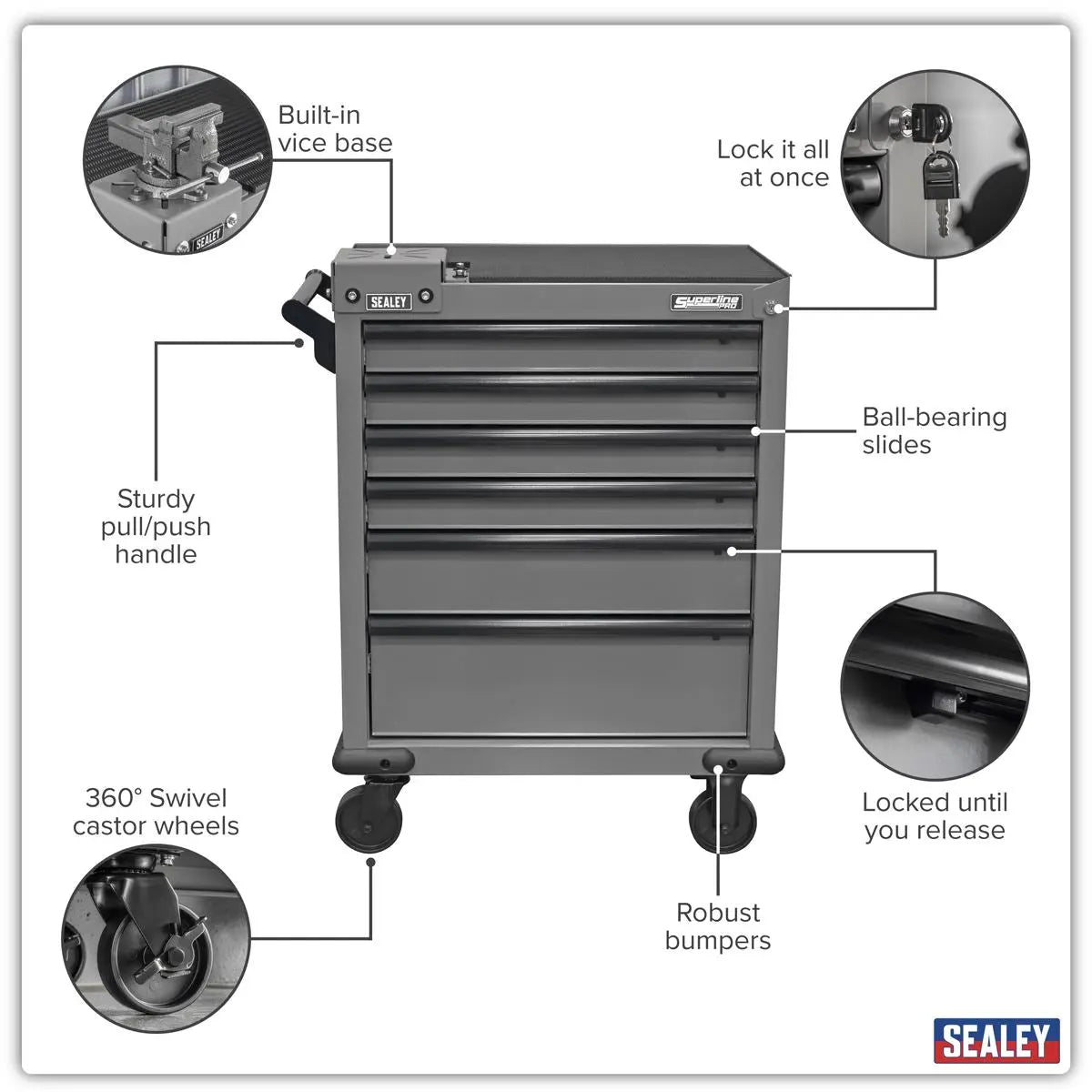 Sealey Superline PRO® Rollcab 6 Drawer with SG Swivel Base 100mm Vice  White Rose Tools