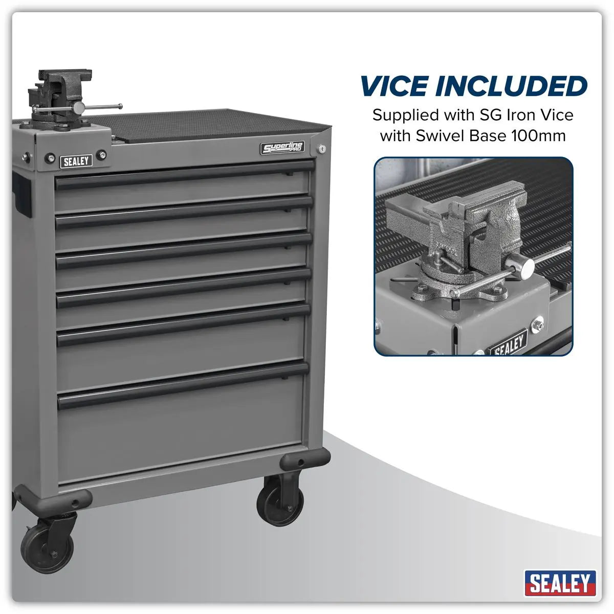 Sealey Superline PRO® Rollcab 6 Drawer with SG Swivel Base 100mm Vice  White Rose Tools