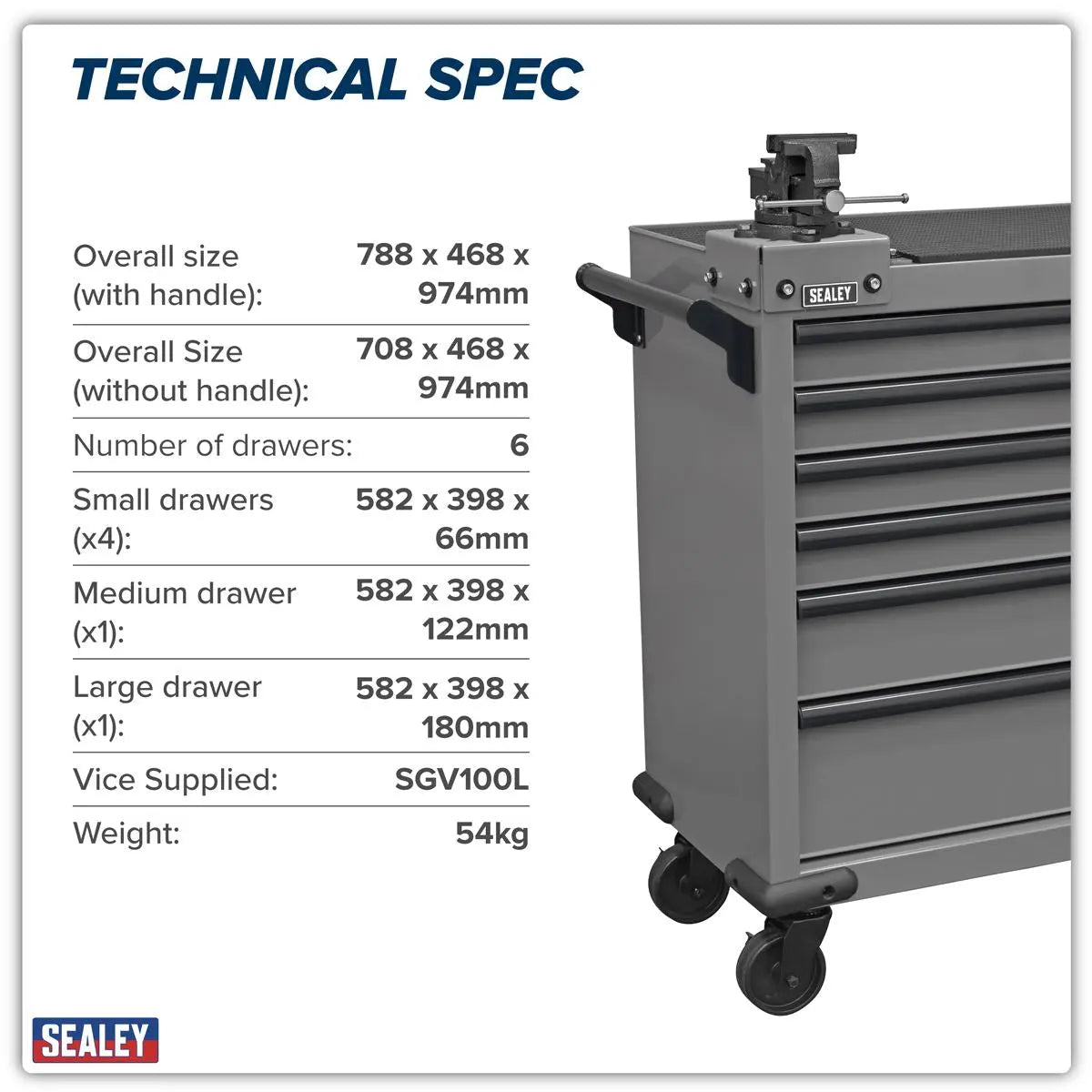 Sealey Superline PRO® Rollcab 6 Drawer with SG Swivel Base 100mm Vice  White Rose Tools