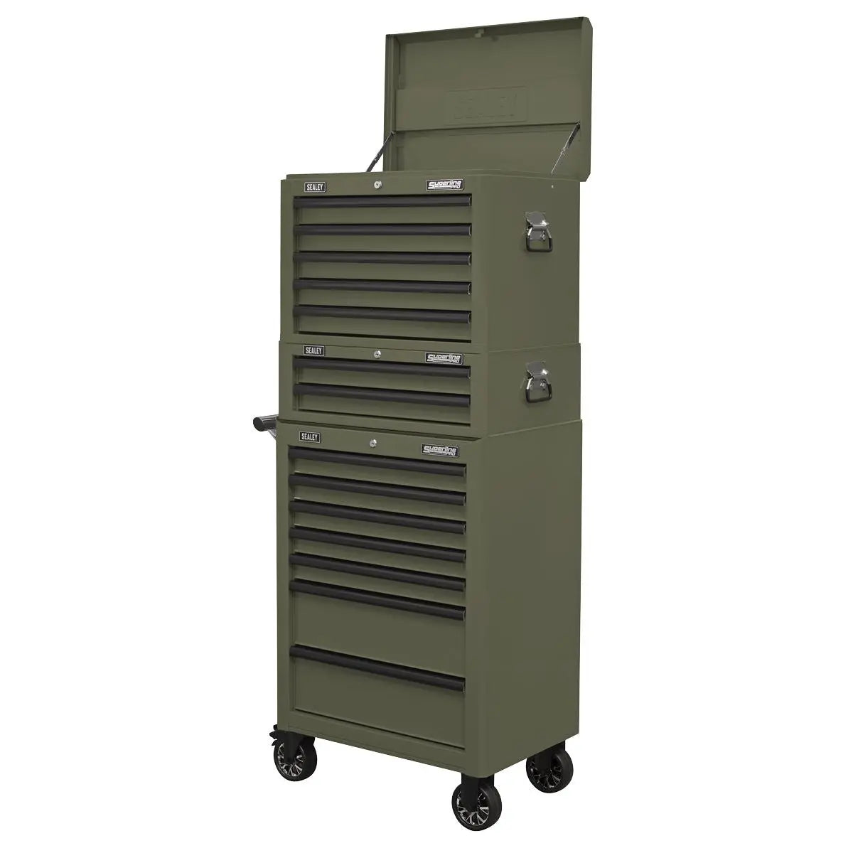 Sealey Superline PRO® Topchest, Mid-Box Tool Chest & Rollcab Combination 14 Drawer - Khaki  White Rose Tools