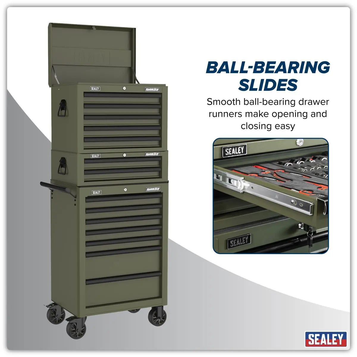 Sealey Superline PRO® Topchest, Mid-Box Tool Chest & Rollcab Combination 14 Drawer - Khaki  White Rose Tools