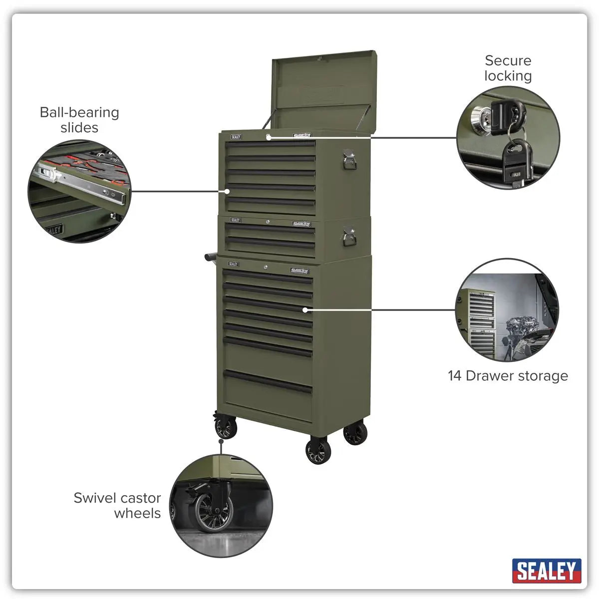 Sealey Superline PRO® Topchest, Mid-Box Tool Chest & Rollcab Combination 14 Drawer - Khaki  White Rose Tools