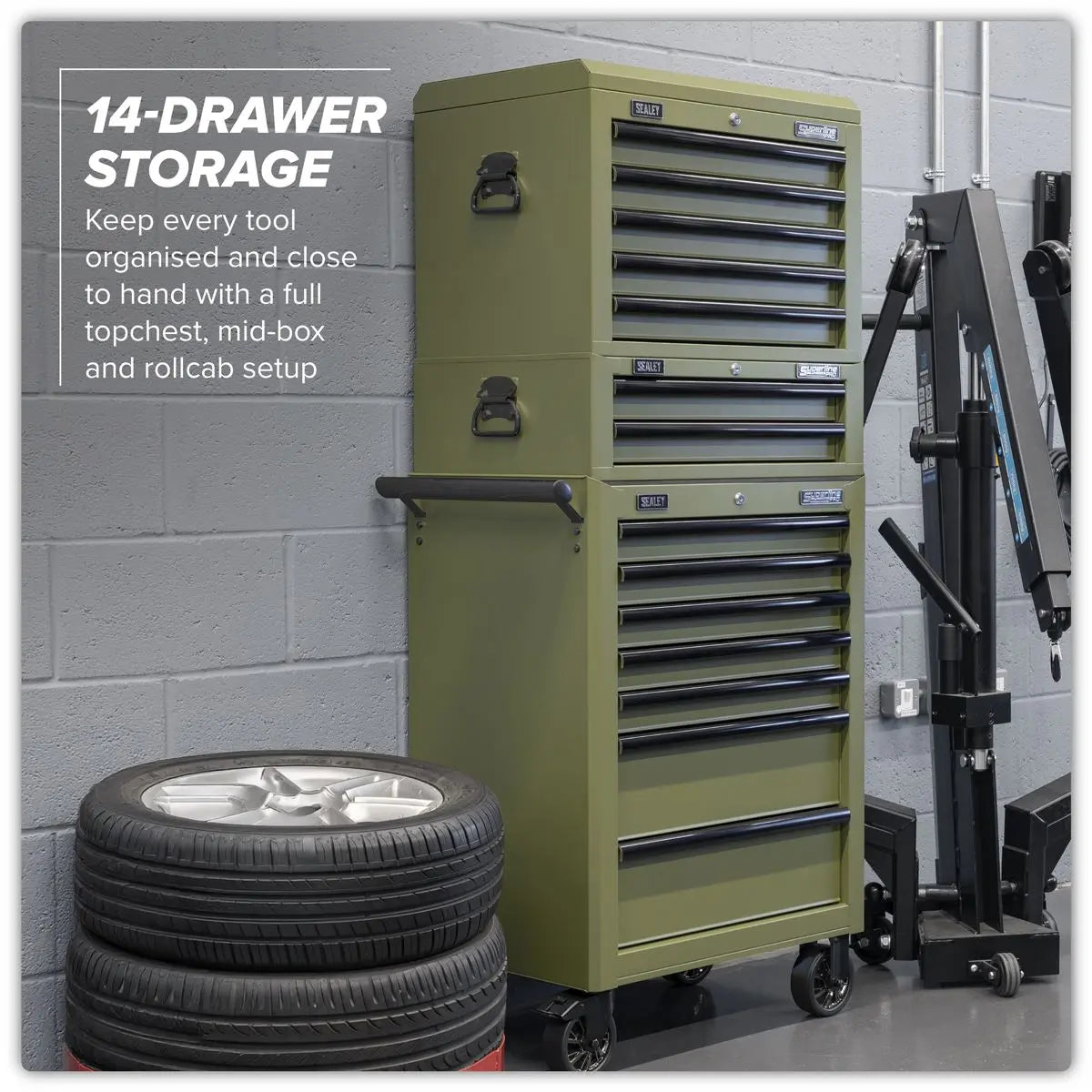 Sealey Superline PRO® Topchest, Mid-Box Tool Chest & Rollcab Combination 14 Drawer - Khaki  White Rose Tools