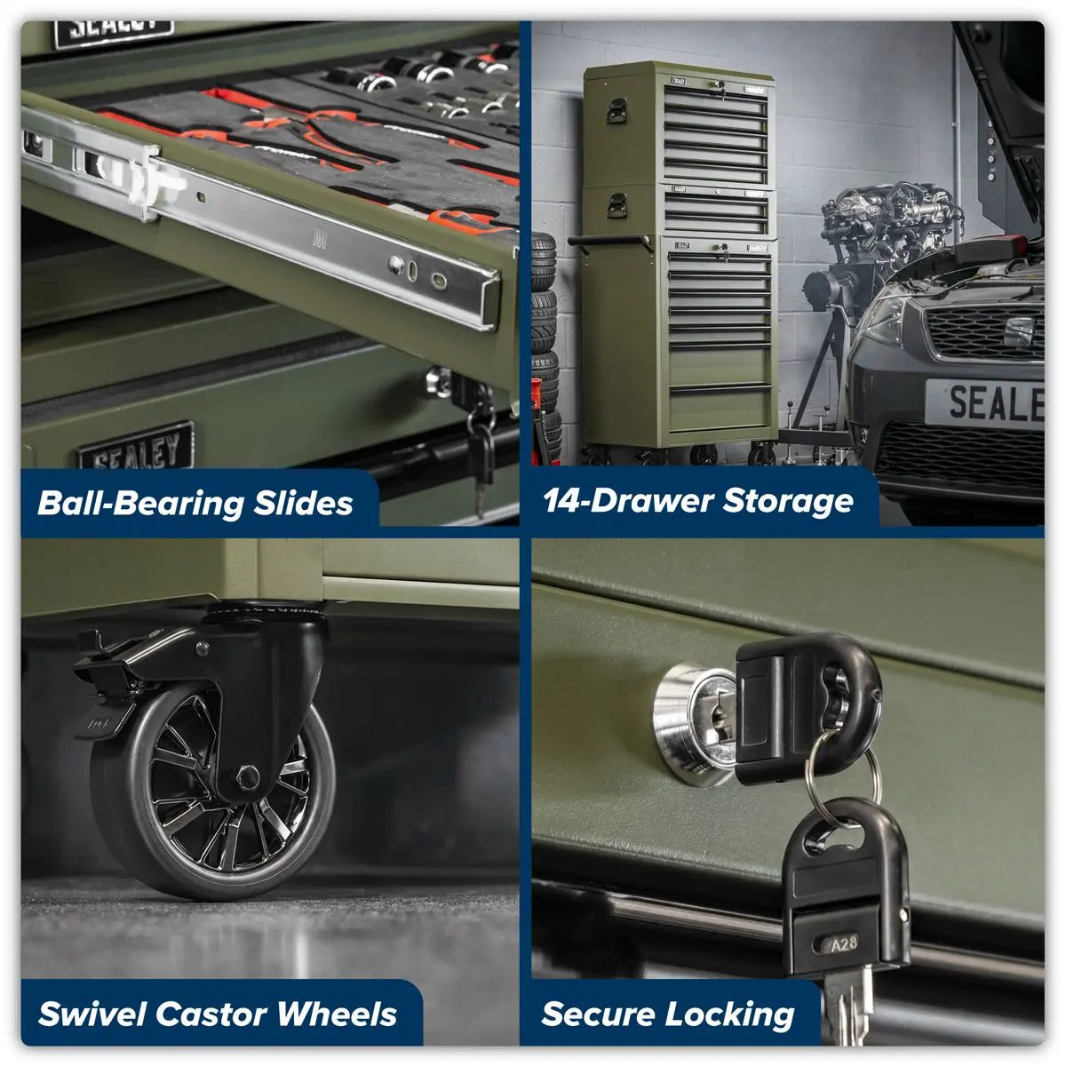 Sealey Superline PRO® Topchest, Mid-Box Tool Chest & Rollcab Combination 14 Drawer - Khaki  White Rose Tools